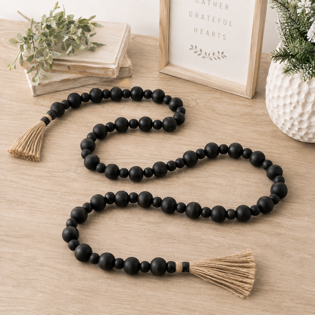 52" Wood Bead Garland with Tassels - Black and Brown
