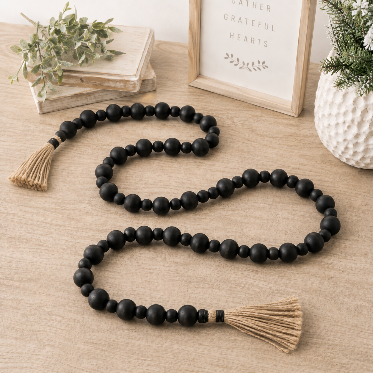 52" Wood Bead Garland with Tassels - Black and Brown