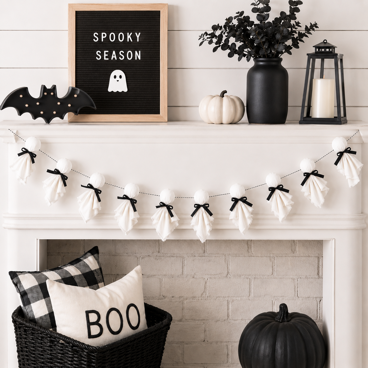 60" Cloth Garland - Ghosts | White and Black