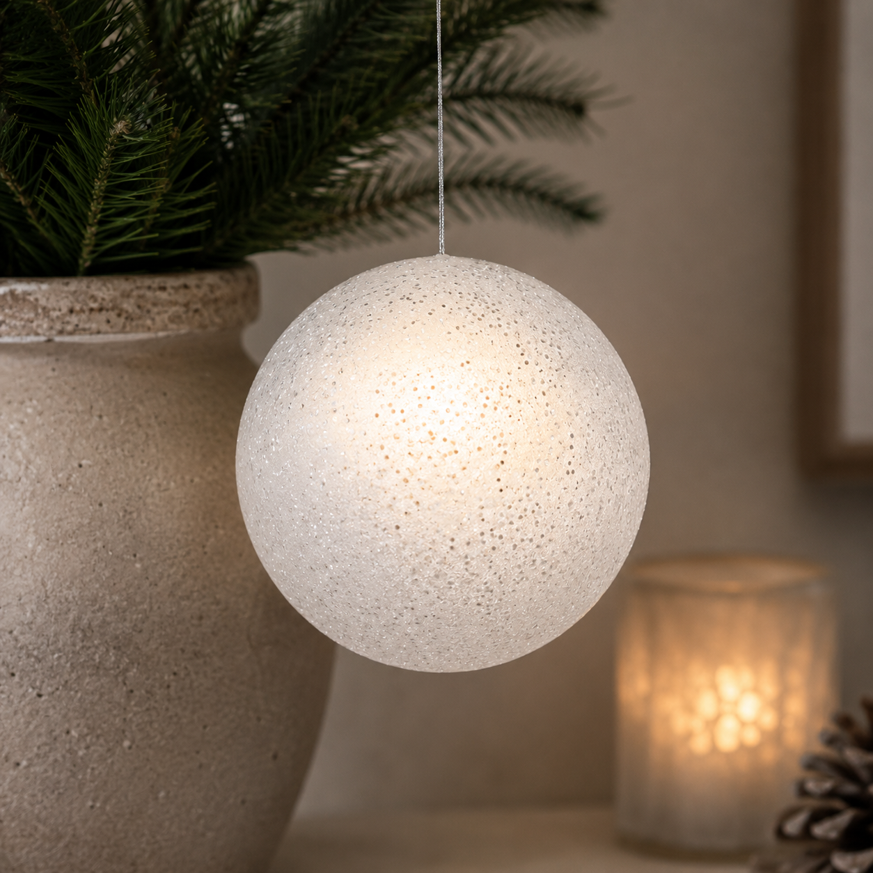 8" Glitter Ball Ornament - White