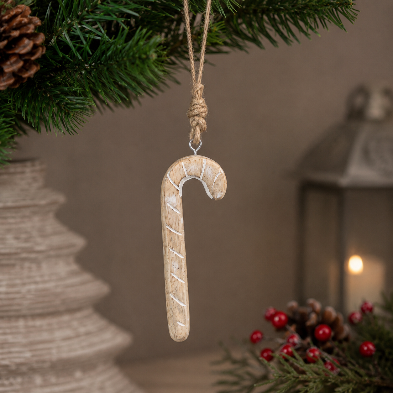 5" Mango Wood Candy Cane Ornament - Whitewash