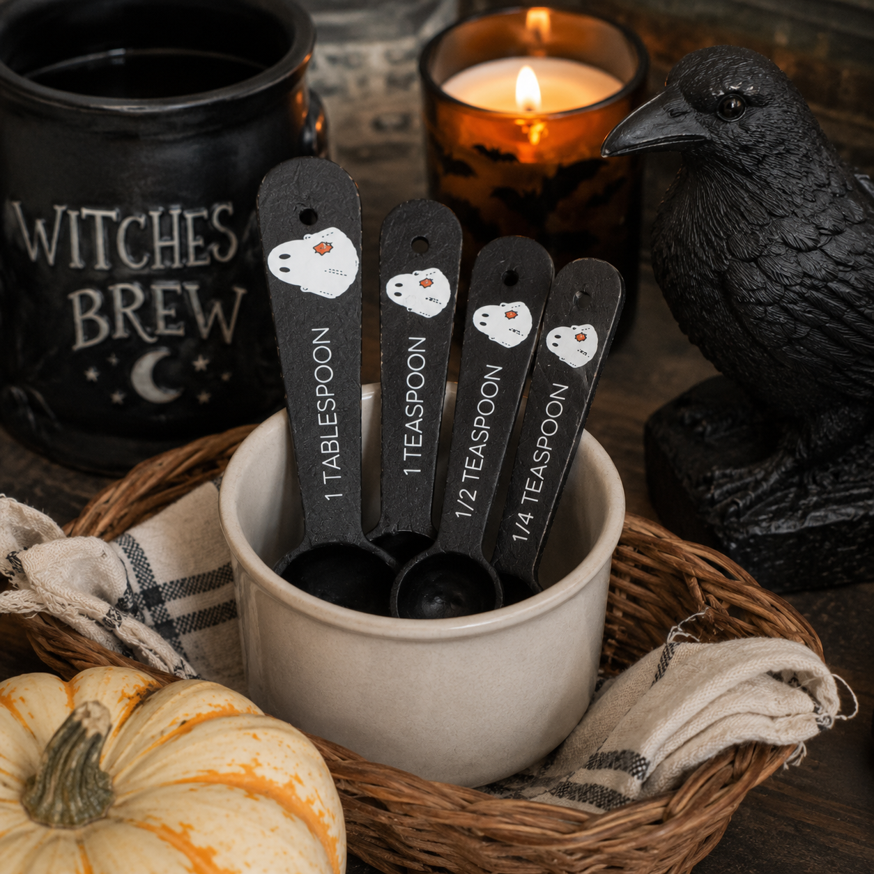 Decorative Wood Teaspoon Set - Black and White Ghost (Set of 4)
