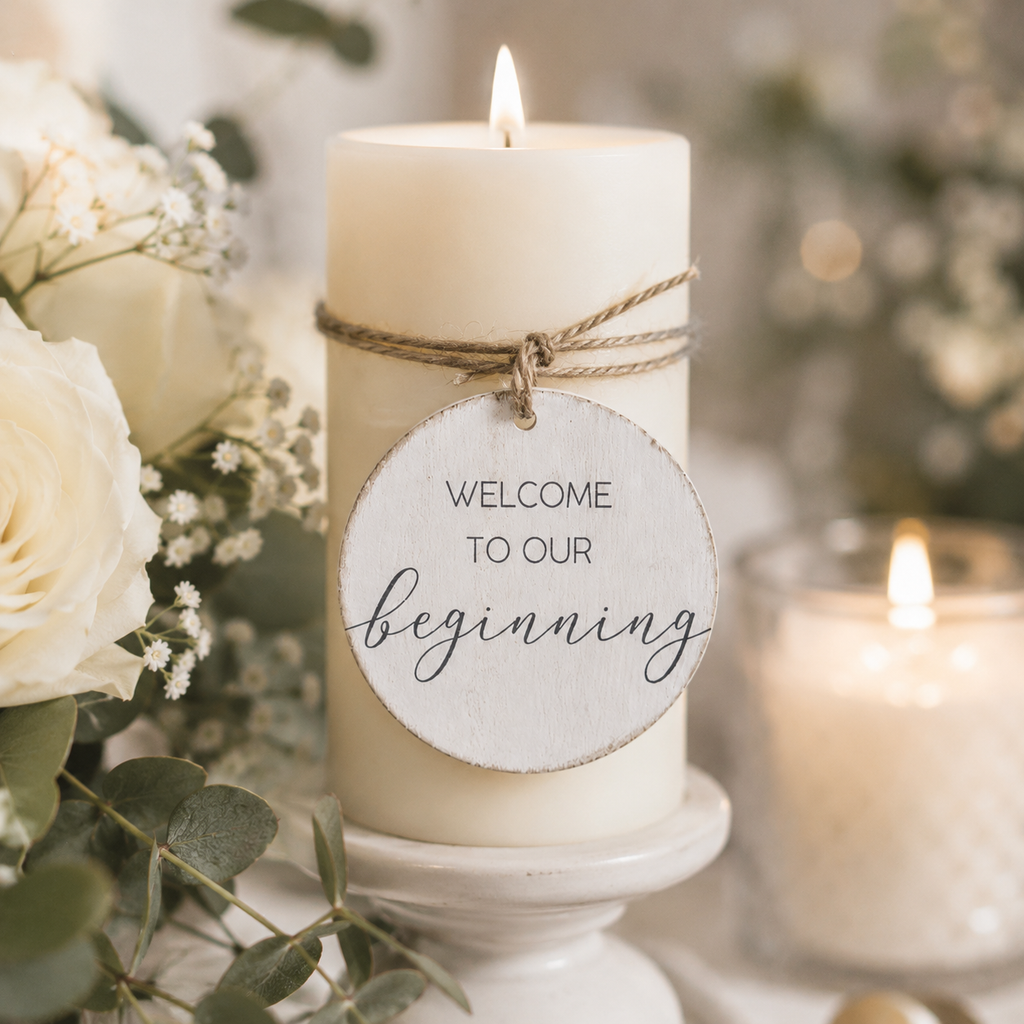 3" Wood Ornament - Welcome To Our Beginning | White and Gray