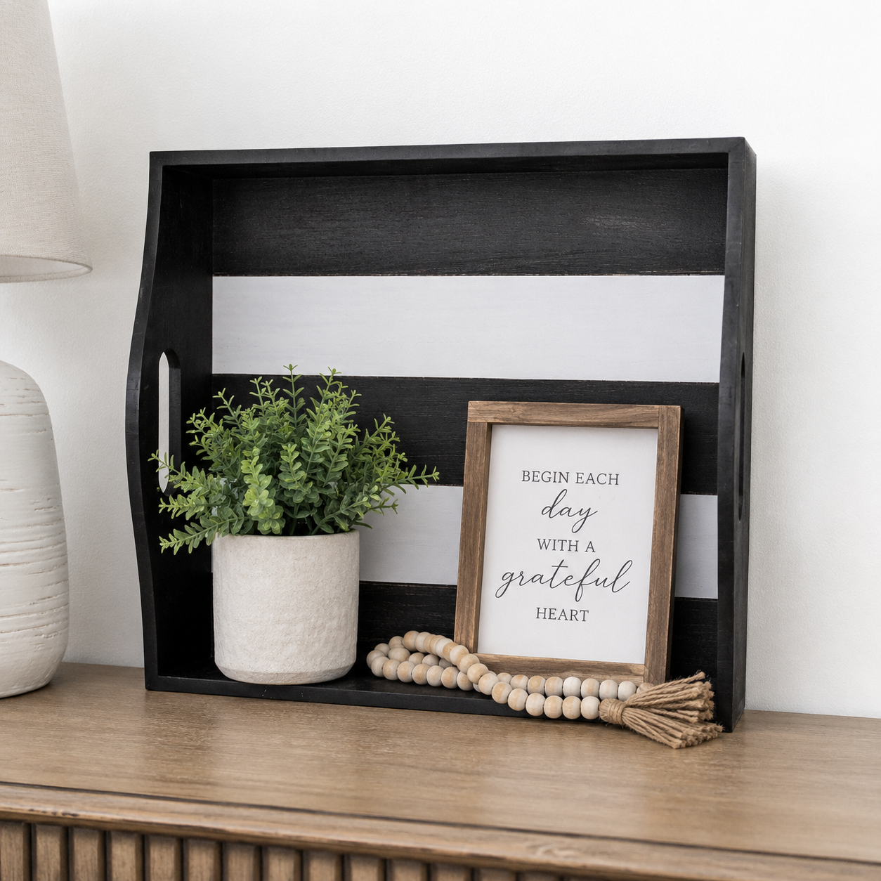 15" x 4" Wood Shiplap Tray - Black and White