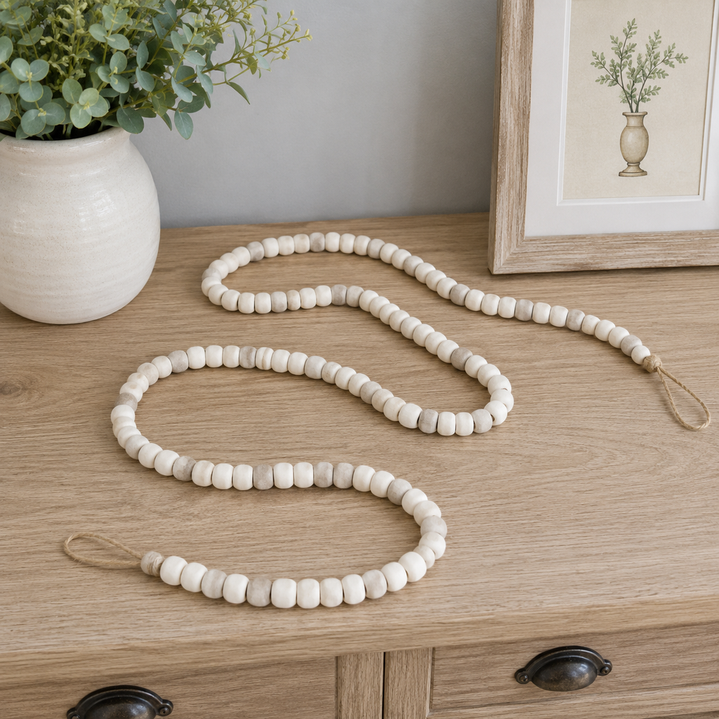 60" Wood Bead Garland - White and Tan