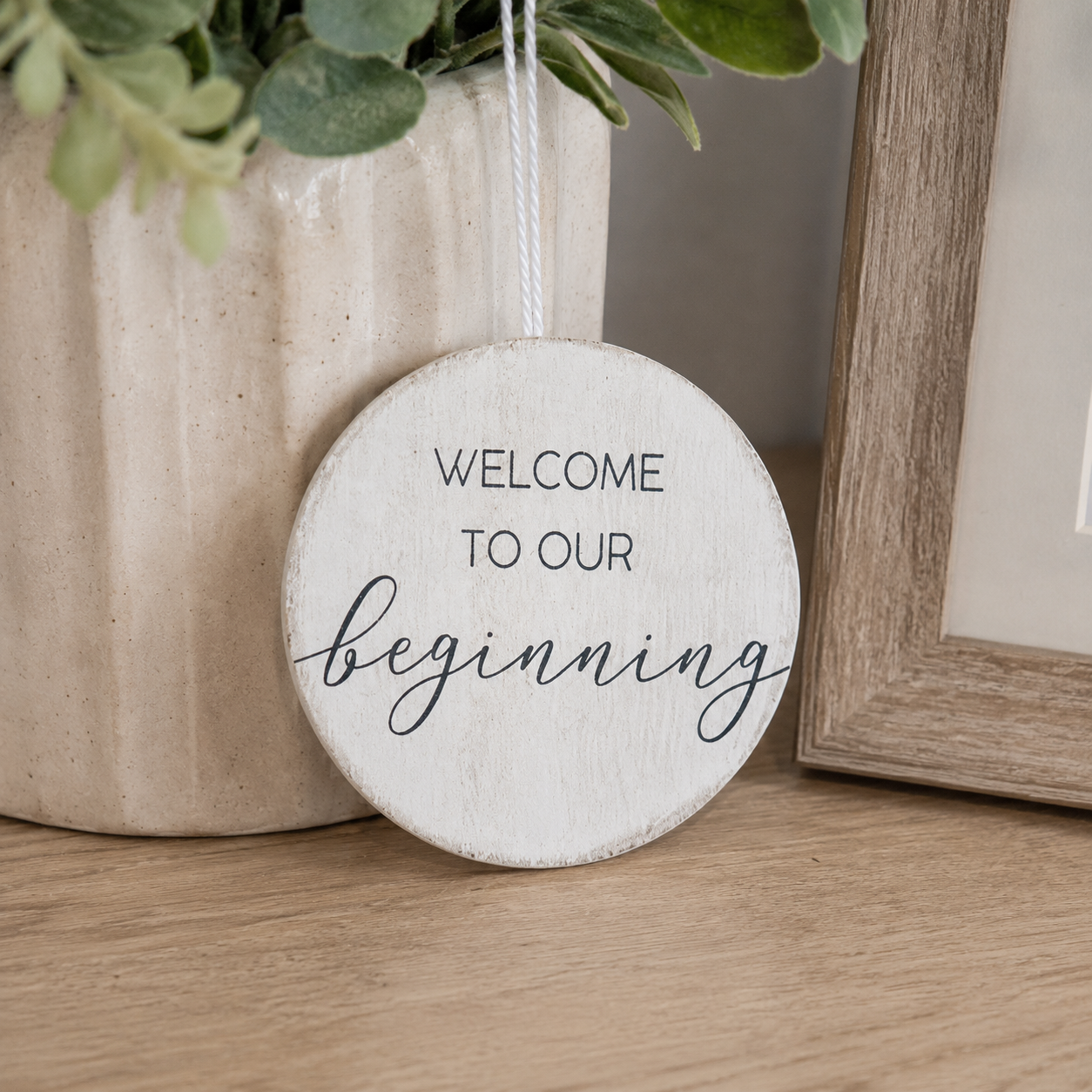 3" Wood Ornament - Welcome To Our Beginning | White and Gray