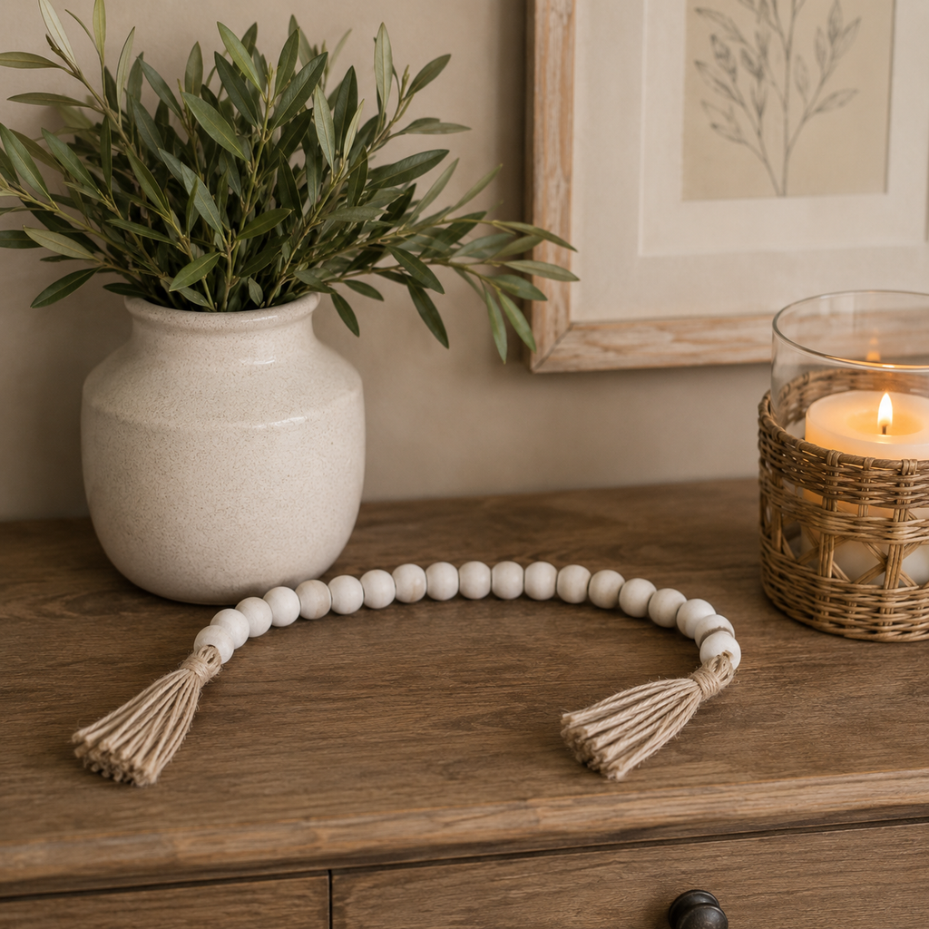 24" Wood Bead Garland with White Tassels - Natural and White