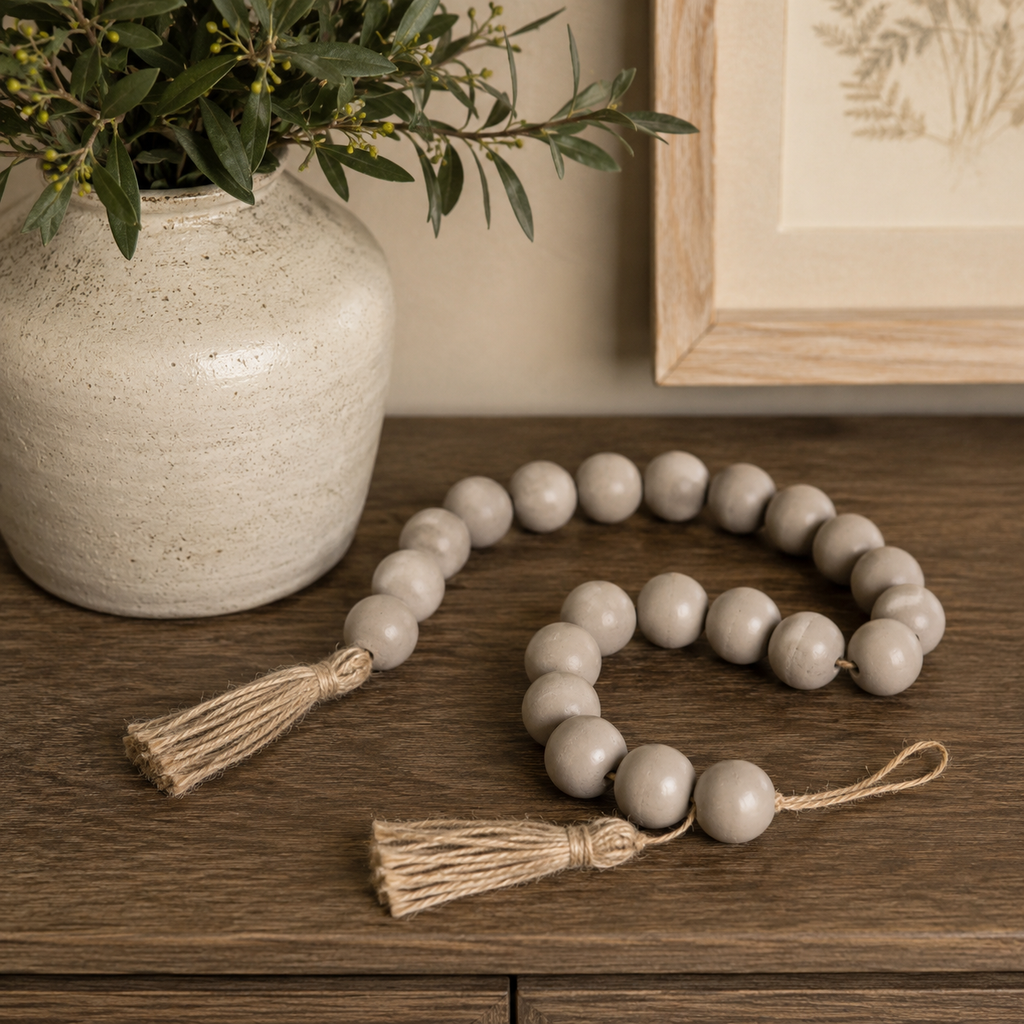 24" Wood Bead Garland with Tassels - Gray