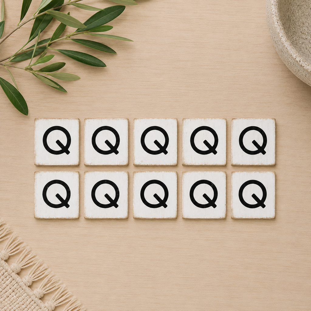 Wood Letter Tiles - "Q" White & Black (Set of 10) | Letterboard Collection