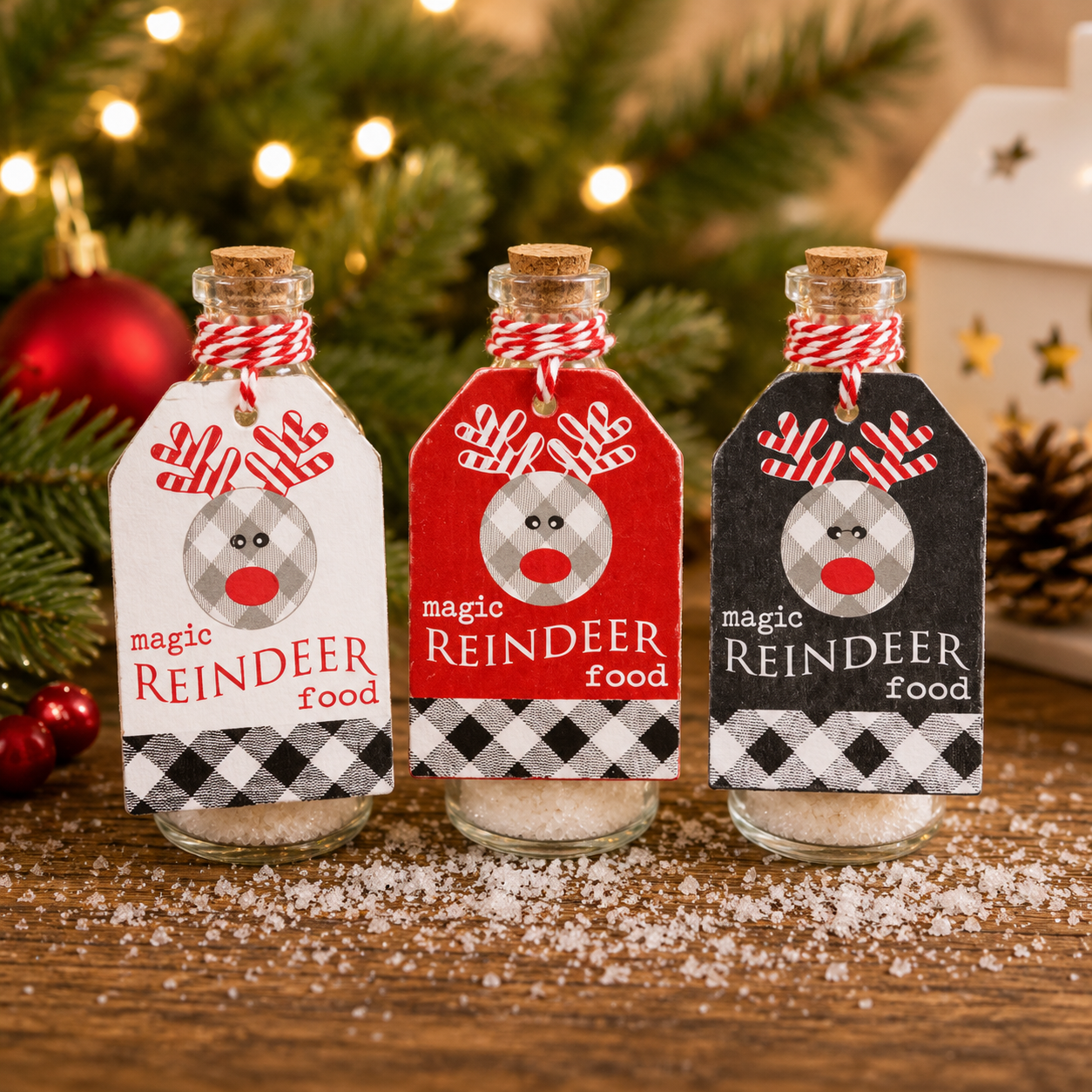 3" Wood Tag and Glass Container Set of 3 - Magic Reindeer Food