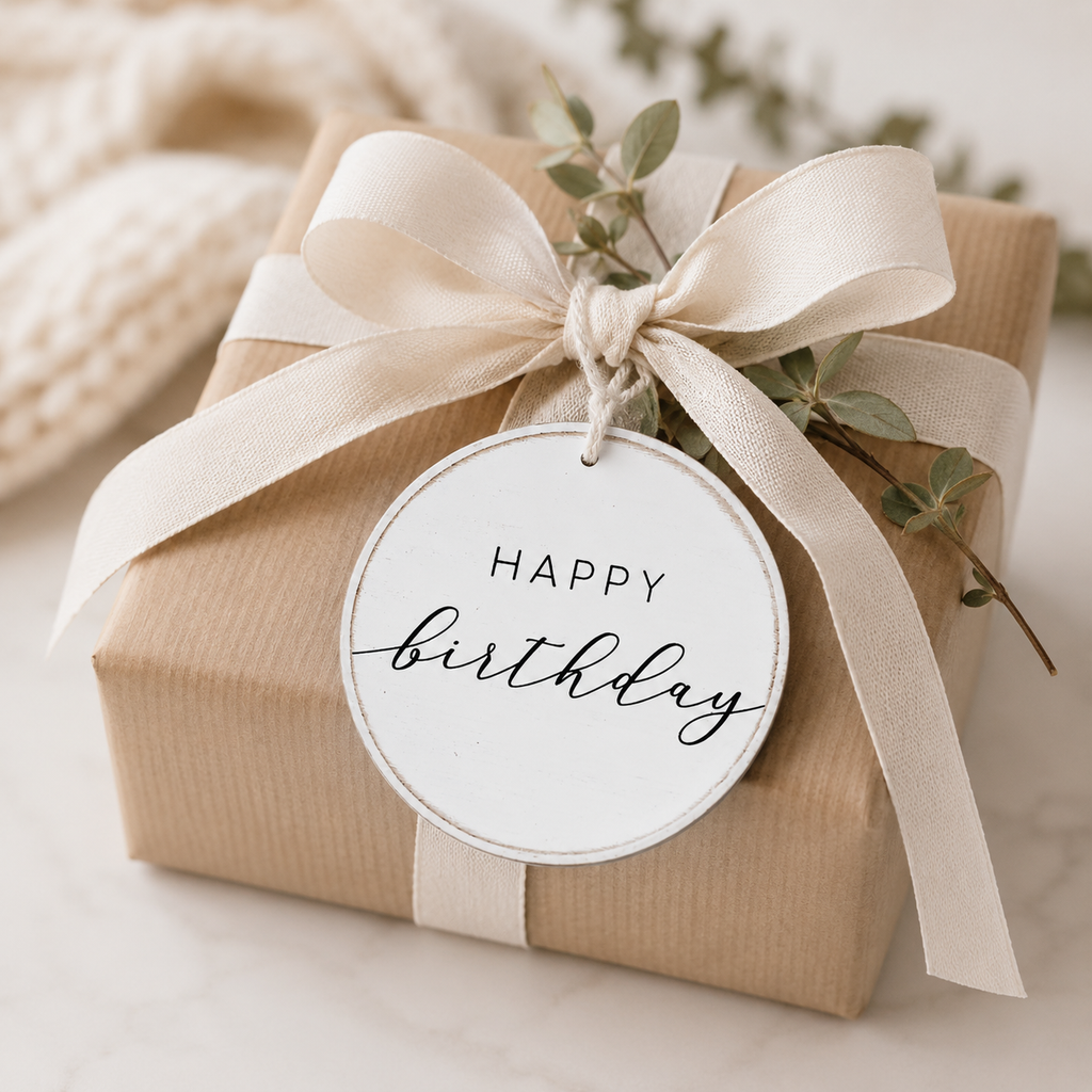 5" Round Wood Ornament - Happy Birthday | White and Black