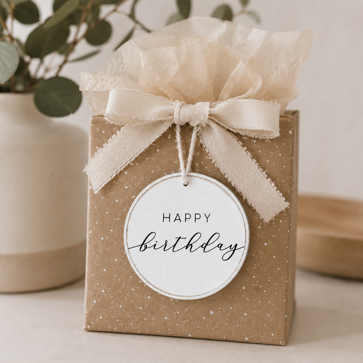 5" Round Wood Ornament - Happy Birthday | White and Black