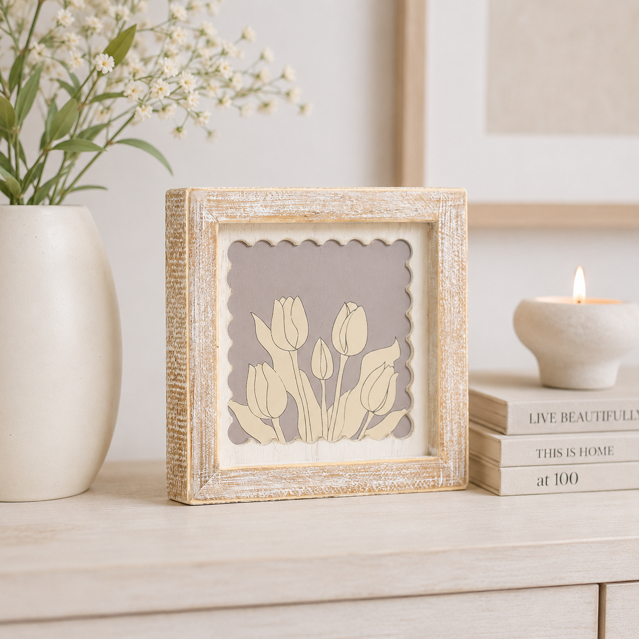 7" Reversible Wood Frame Sign - Tulip | Multicolor | Scallop Collection