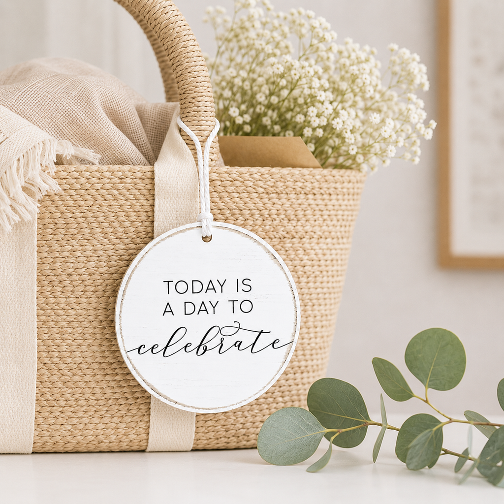 5" Round Wood Ornament - Celebrate | White and Black