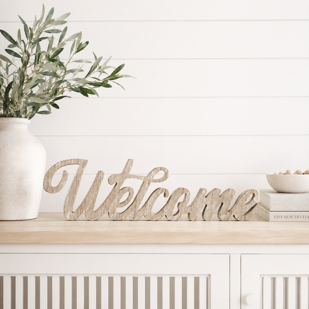 13" Wood Cutout - Welcome | Natural | Scripty Sign Collection
