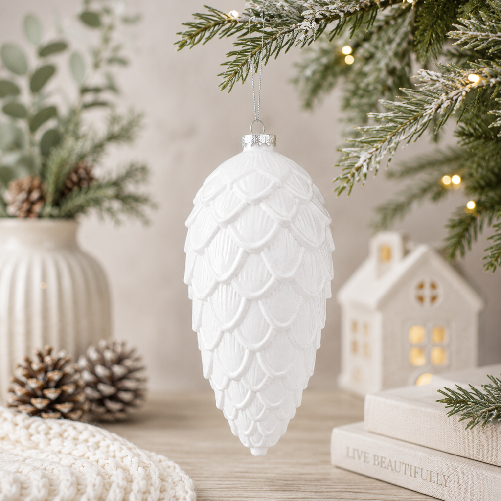 8" Acrylic Pine Cone Ornament - White