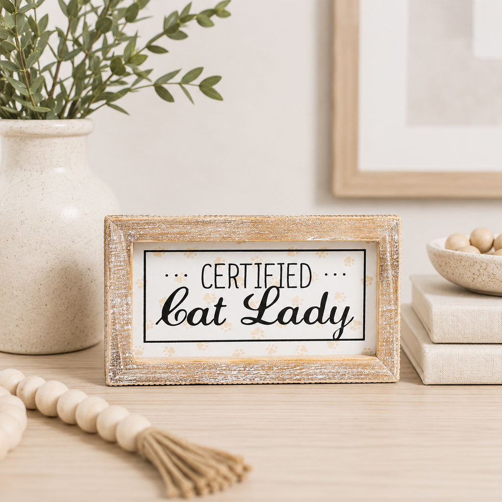 7" x 4" Reversible Wood Frame Sign - Cat Lady/Butt | Multicolor | Fur Babies Collection