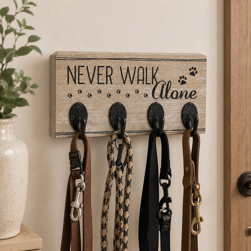 8" x 4" Wood Hook Board - Never Walk Alone | Natural and Black | Fur Babies Collection