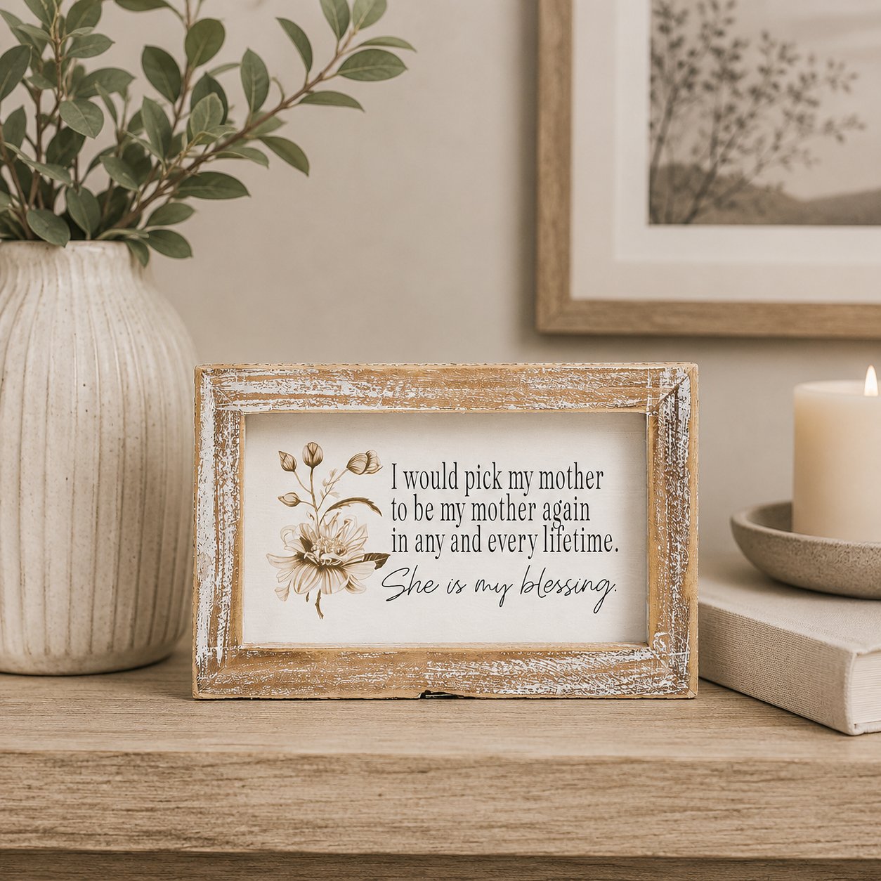 6" x 4" Reversible Wood Frame Sign - World/Blessing | Multicolor | Mother's Day Collection