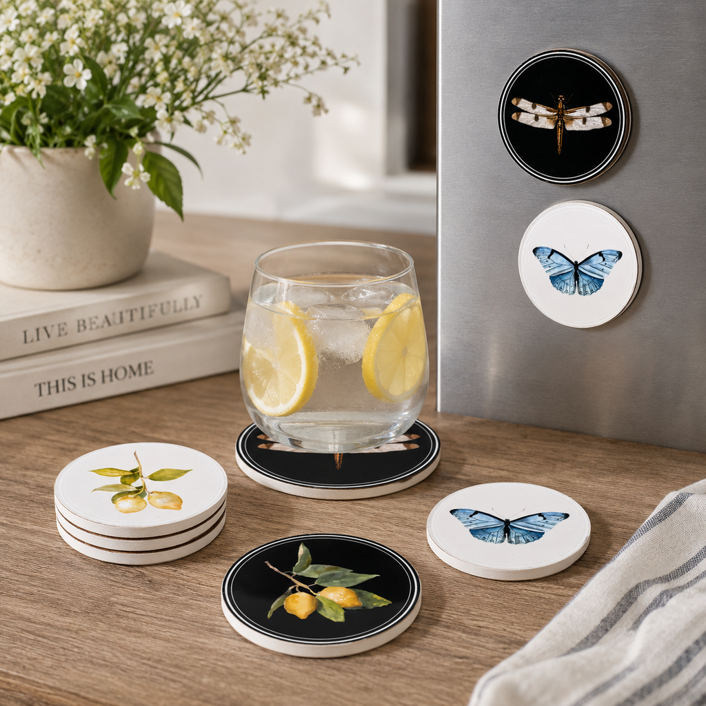 4" Round Wood Coaster & Magnet Set - Lemon and Fly (Set of 4)