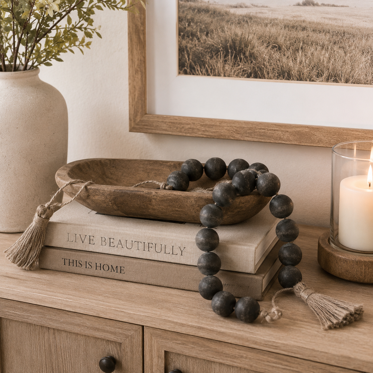 24" Wood Bead Garland with Tassels - Black and Earth Tones