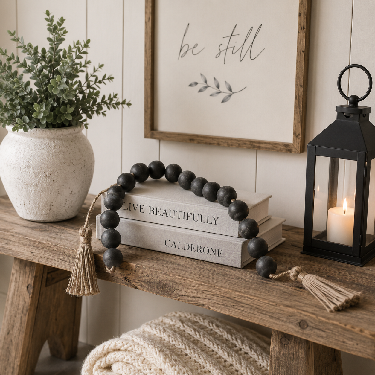 24" Wood Bead Garland with Tassels - Black and Earth Tones