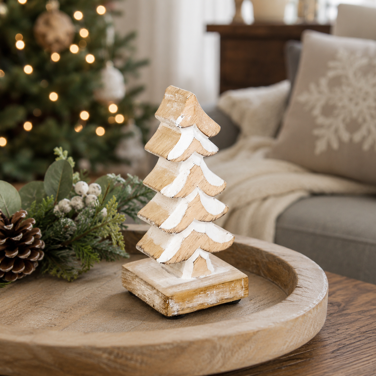 4" Mango Wood Cutout on Stand - Tree | Natural and White