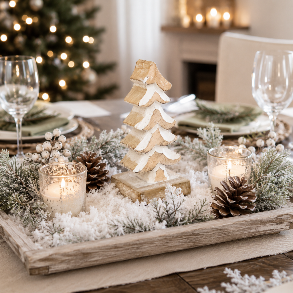4" Mango Wood Cutout on Stand - Tree | Natural and White