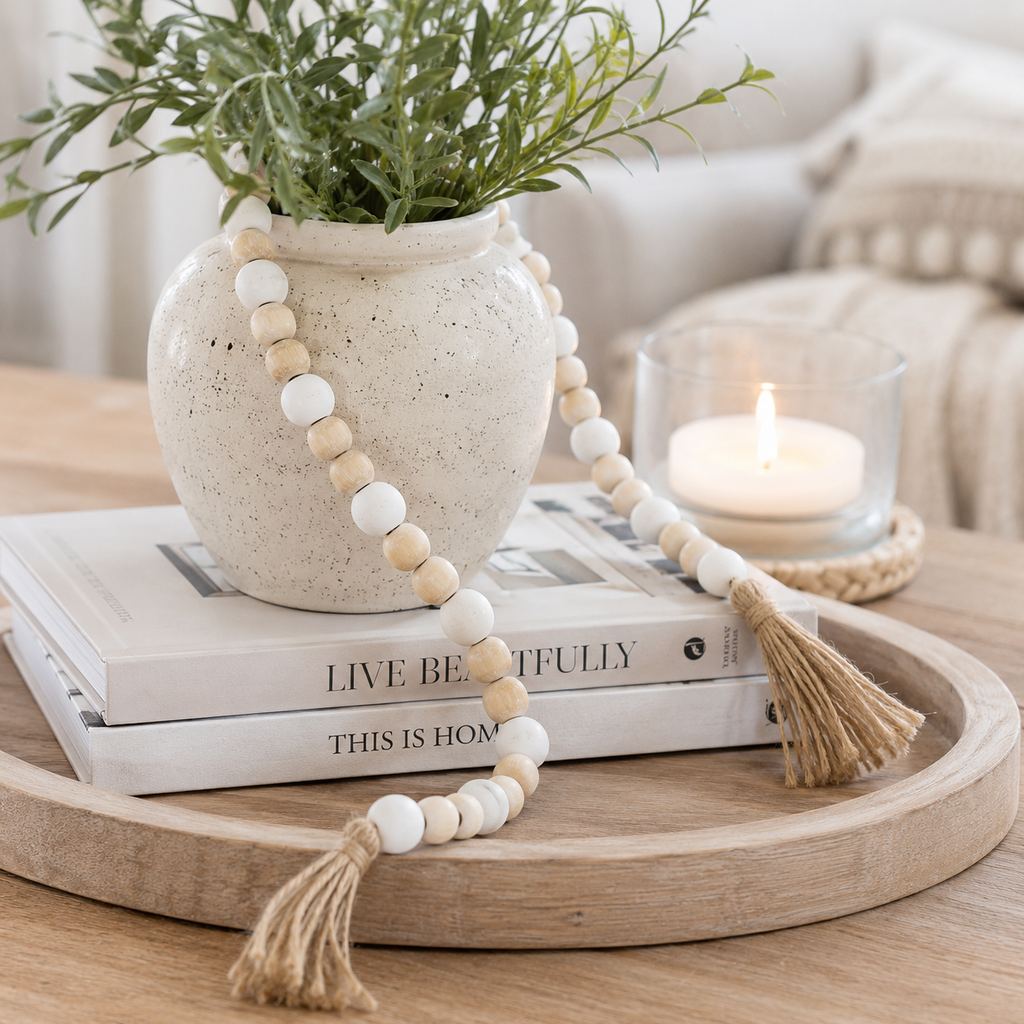 36" Wood Bead Garland with Tassels - Natural and White