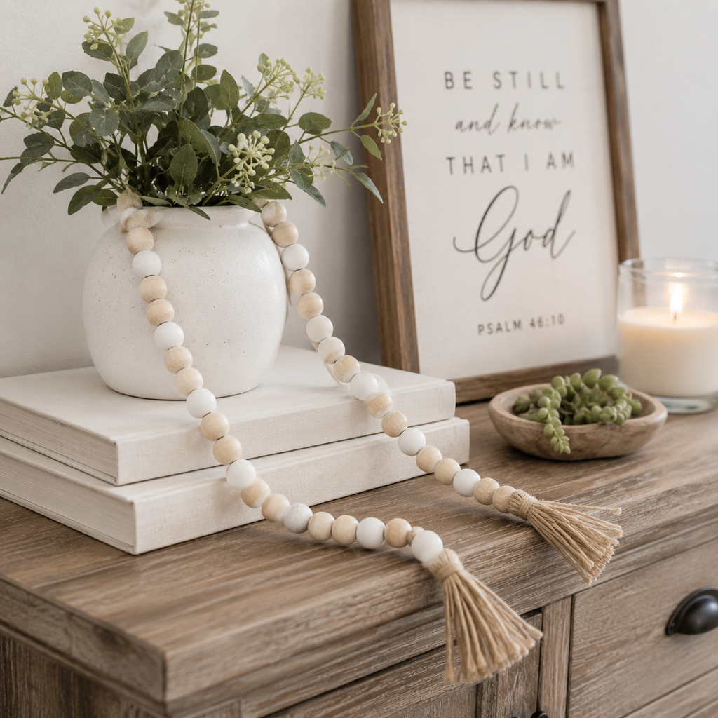 36" Wood Bead Garland with Tassels - Natural and White