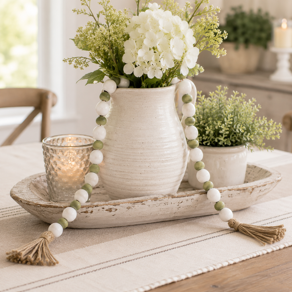 36" Wood Bead Garland with Tassels - White and Olive Green