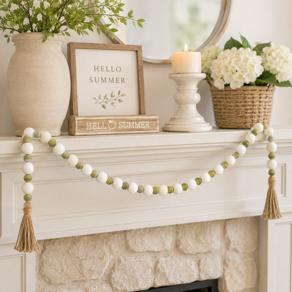 36" Wood Bead Garland with Tassels - White and Olive Green