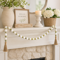 36" Wood Bead Garland with Tassels - White and Olive Green