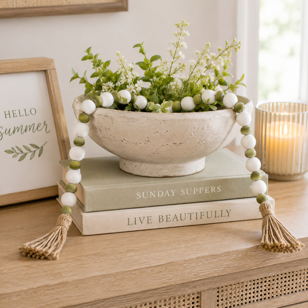 36" Wood Bead Garland with Tassels - White and Olive Green