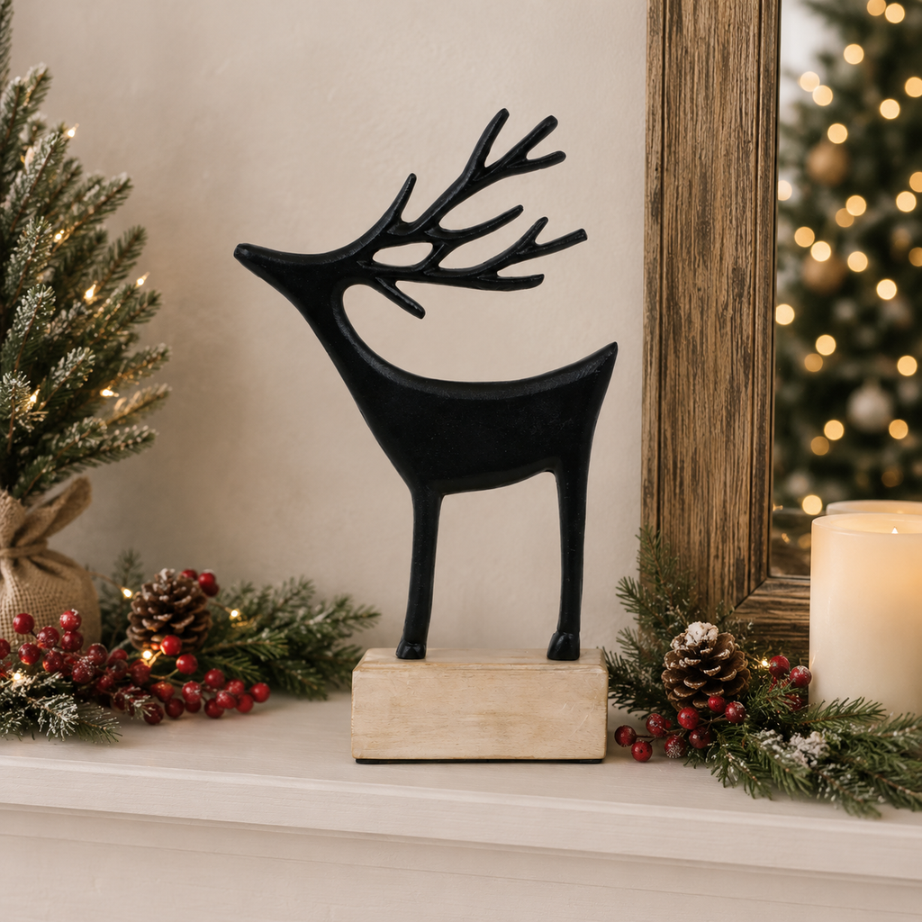 13" Aluminum and Mango Wood Cutout on Stand - Reindeer