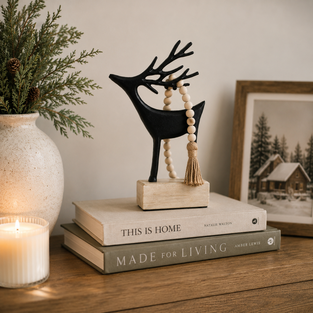 13" Aluminum and Mango Wood Cutout on Stand - Reindeer