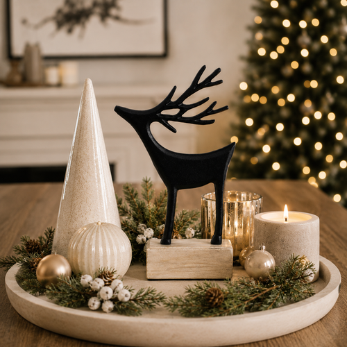 13" Aluminum and Mango Wood Cutout on Stand - Reindeer