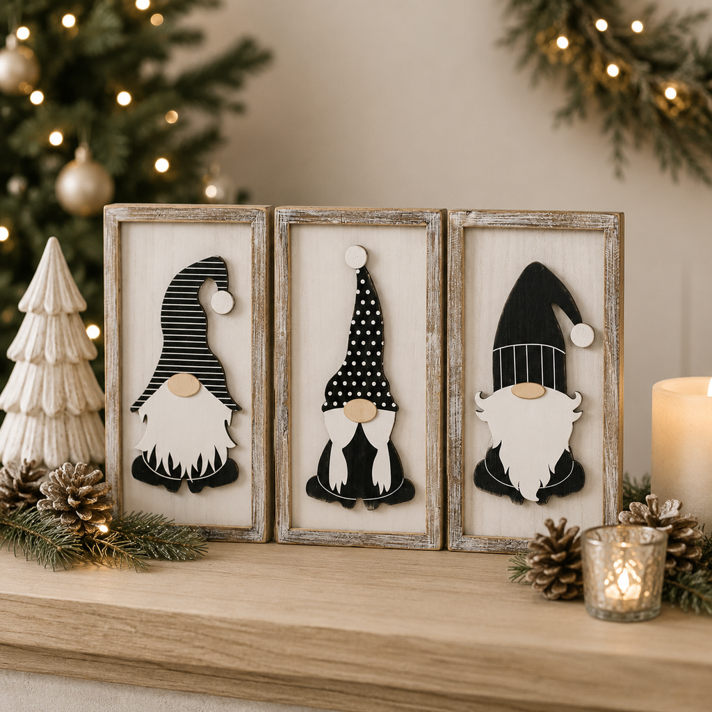 9" x 17" Reversible Wood Frame Sign Set - Gnomes | Cottage Christmas Collection