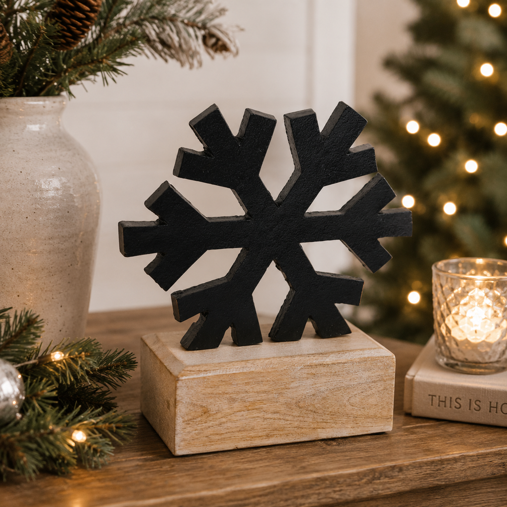 8" Aluminum and Mango Wood Cutout on Stand - Snowflake | Sundara Collection