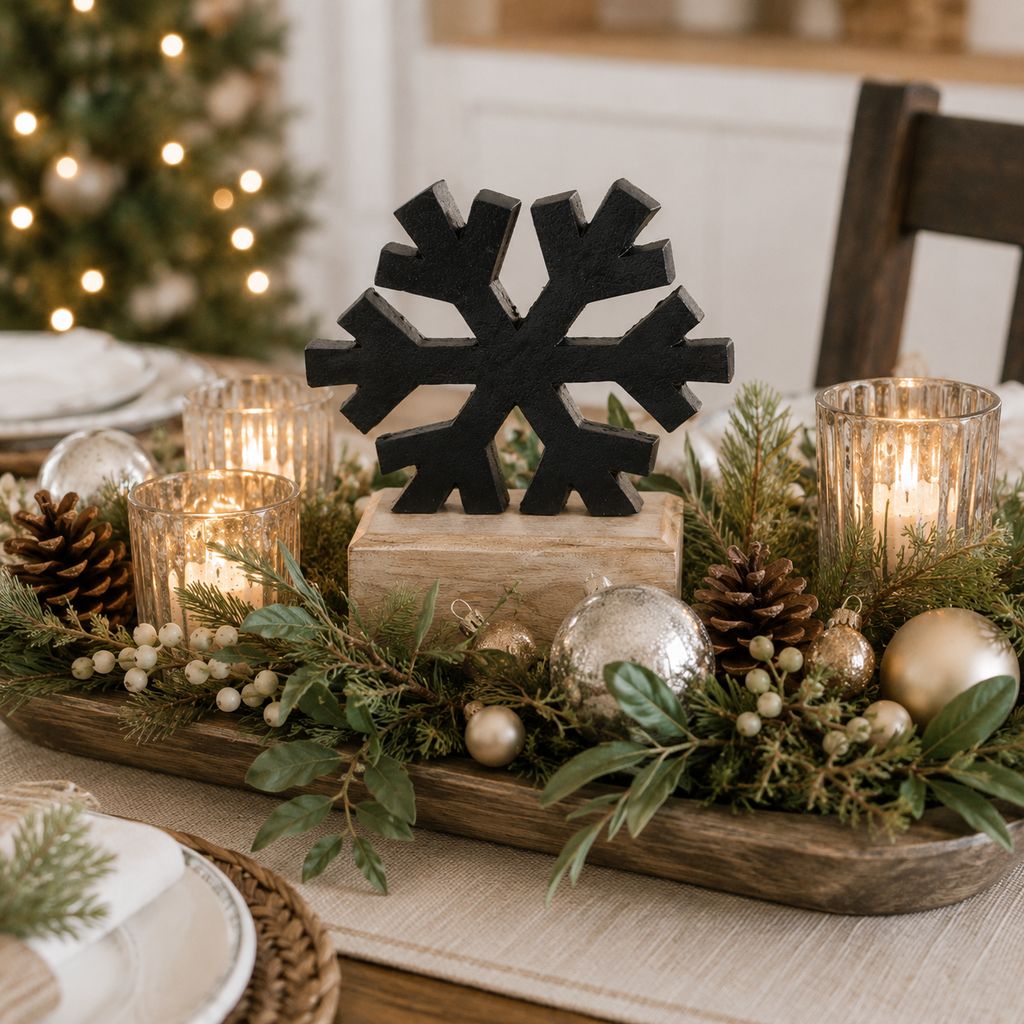 8" Aluminum and Mango Wood Cutout on Stand - Snowflake | Sundara Collection