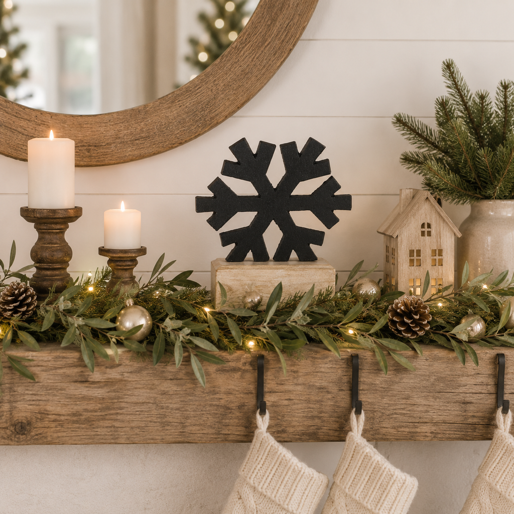 8" Aluminum and Mango Wood Cutout on Stand - Snowflake | Sundara Collection