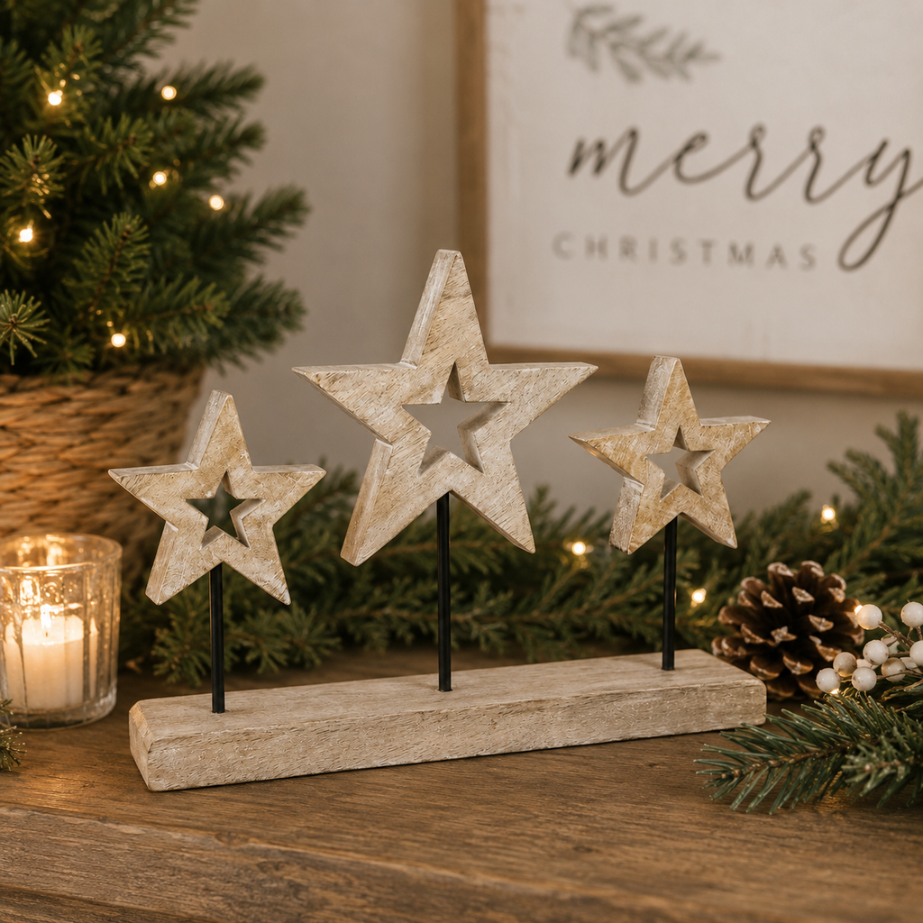 12.5" Mango Wood Stars Cutout on Stand - Natural White
