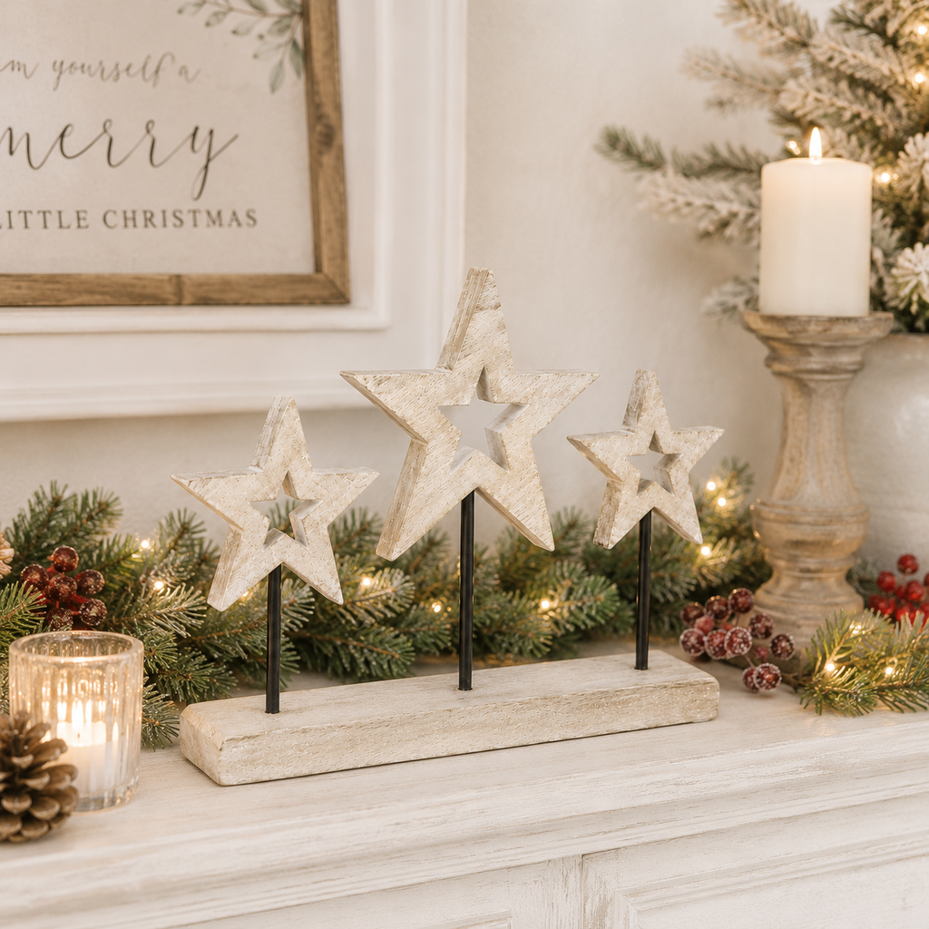 12.5" Mango Wood Stars Cutout on Stand - Natural White