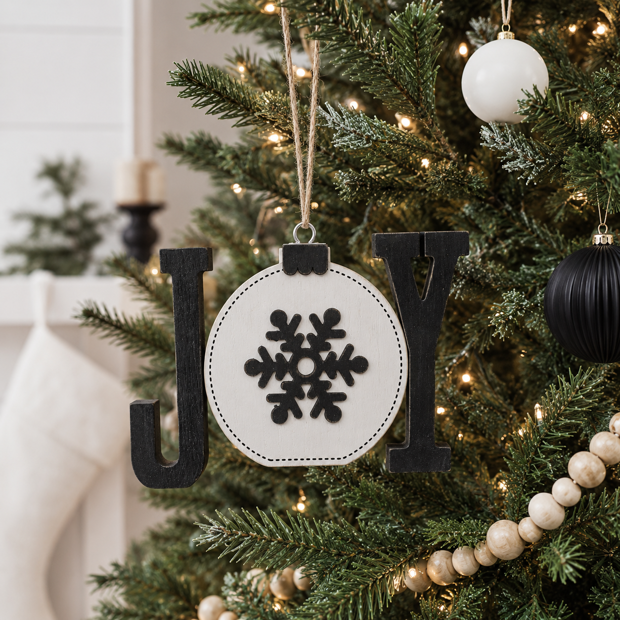 12" Chunky Wood Ornament - Joy | Black and White