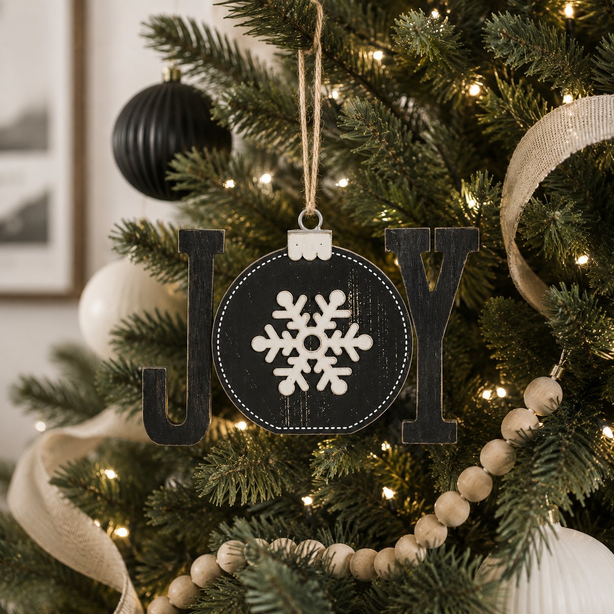 12" Chunky Wood Ornament - Joy | Black and White