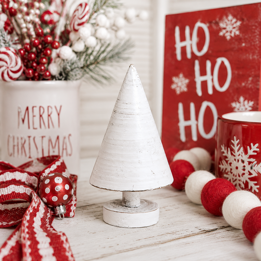 9" Wood Cutout on Stand - Christmas Tree | White