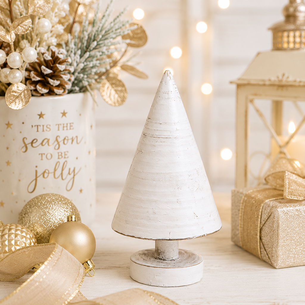 9" Wood Cutout on Stand - Christmas Tree | White