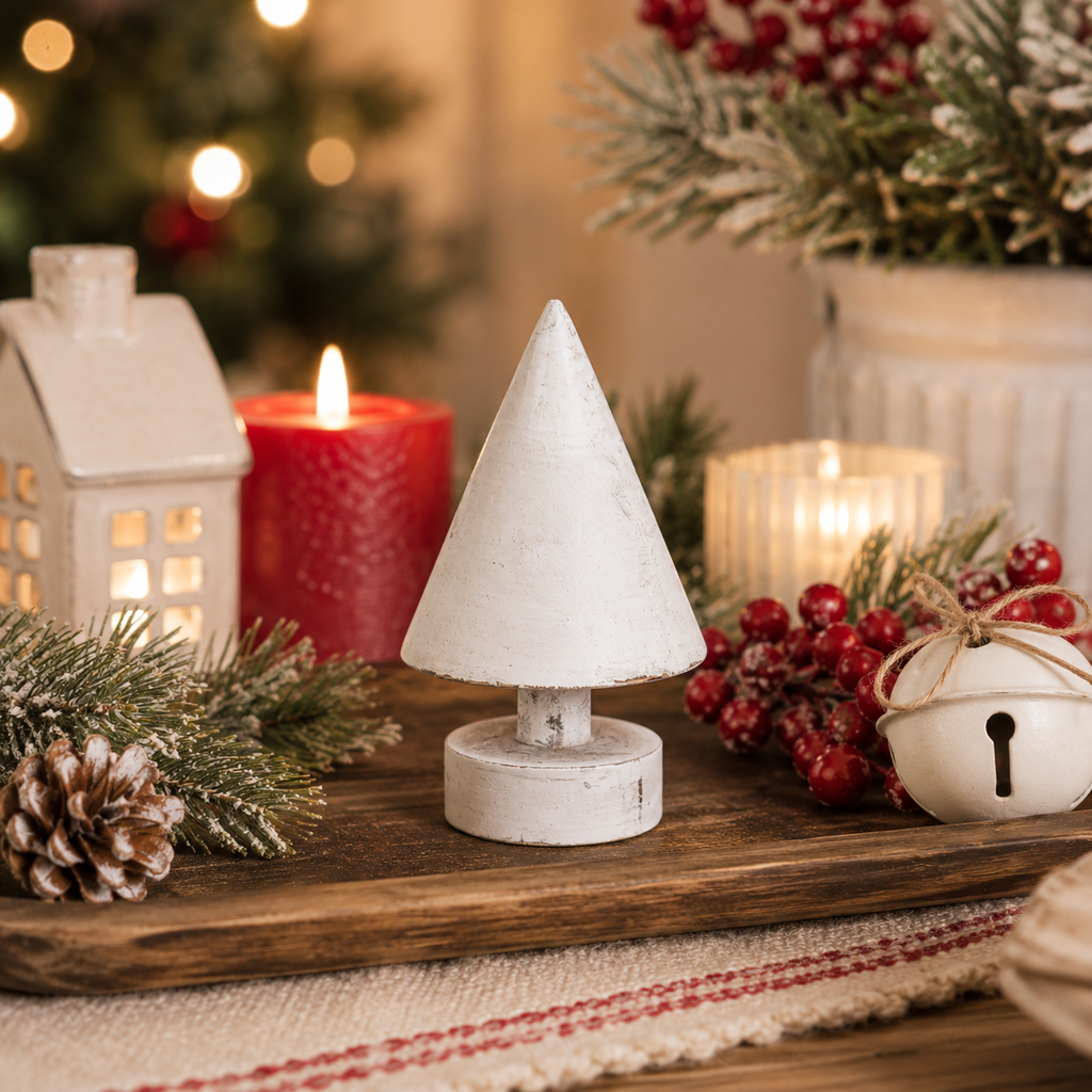 6" Wood Cutout on Stand - Christmas Tree | White