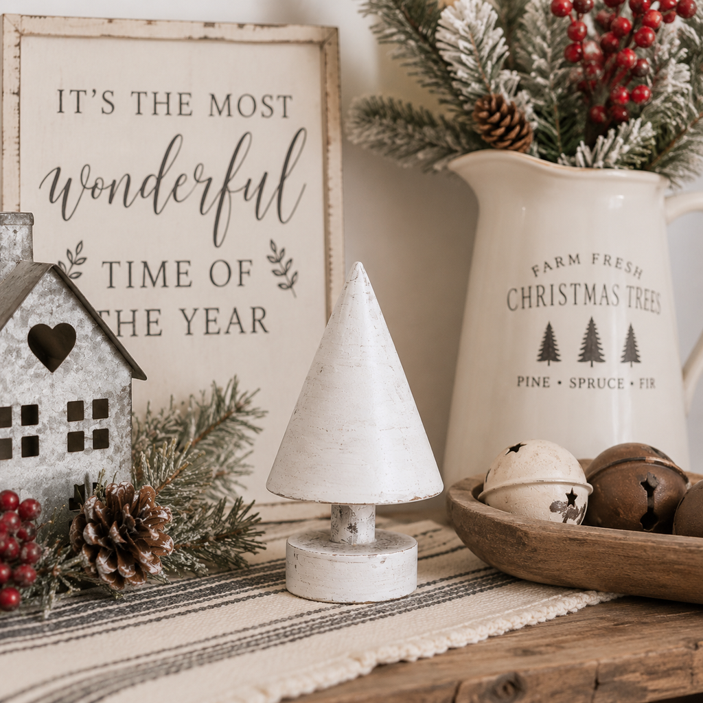 6" Wood Cutout on Stand - Christmas Tree | White