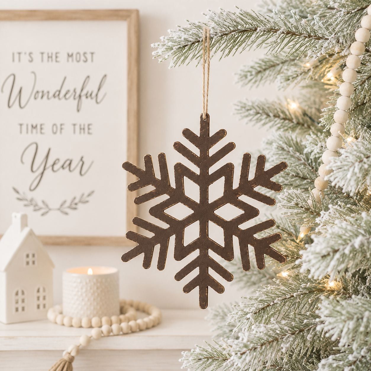 9" Wood Cutout Ornament - Snowflake | Brown